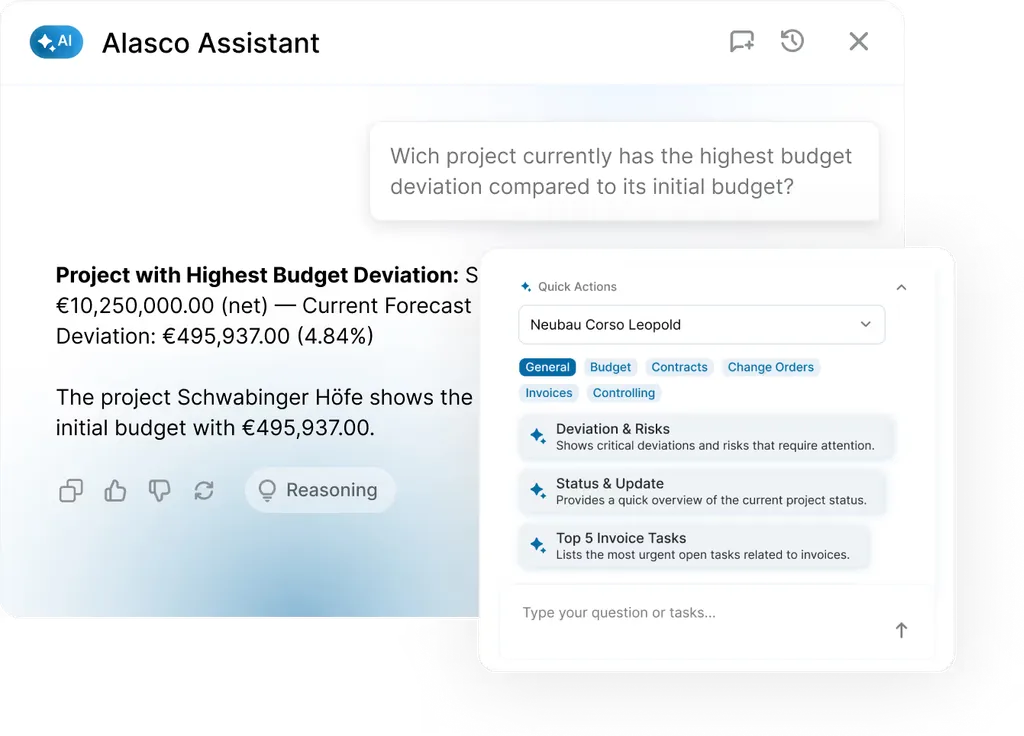 Alasco AI Assistant answering a question about the largest budget variance on a project