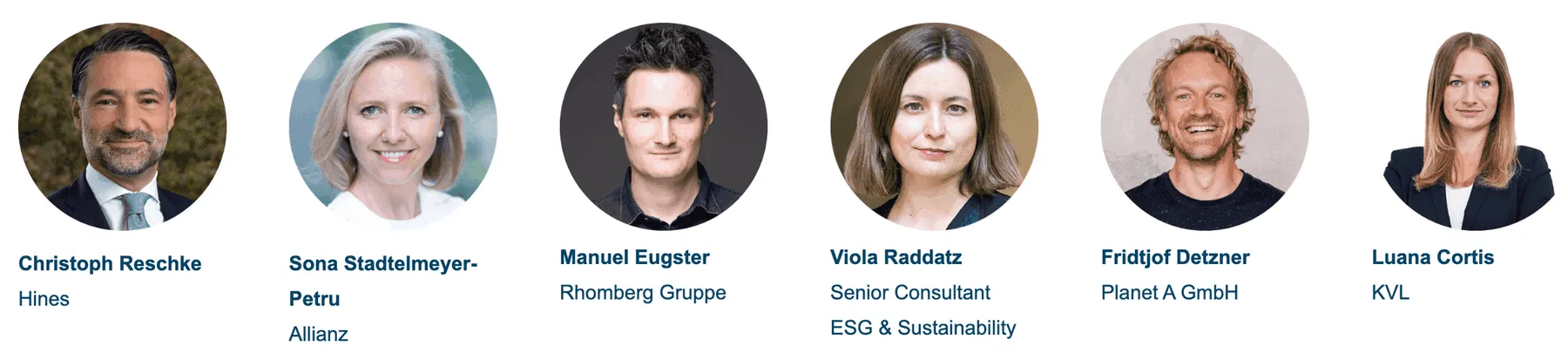 Speaker:innen der Alascon 2021: Christoph Reschke (Hines), Sona Stadtelmeyer-Petru (Allianz), Manuel Eugster (Rhomberg Gruppe), Viola Raddatz (Senior Consultant ESG &amp; Sustainability), Fridtjof Detzner (Planet A) und Luana Cortis (KVL)