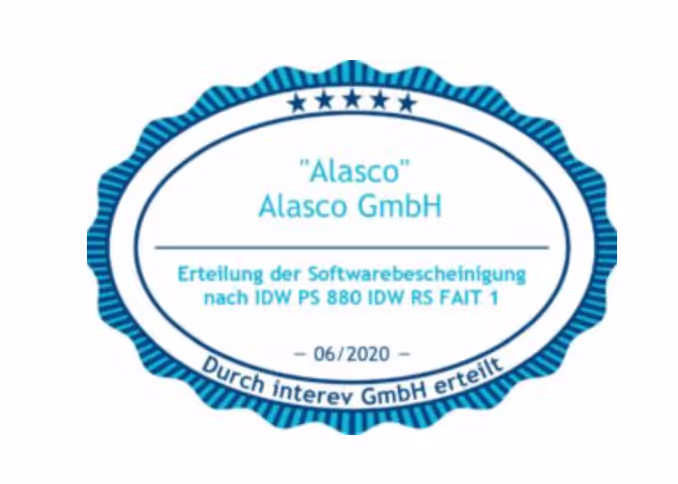 Software certificate in accordance with IDW PS 880 for Alasco GmbH, issued 06/2020 by interev GmbH